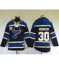 Men St.Louis Blues 30 Martin Brodeur Navy Blue Sawyer Hooded Sweatshirt Stitched NHL Jersey