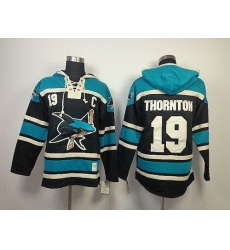 Men San Jose Sharks 19 Joe Thornton Black Sawyer Hooded Sweatshirt Stitched NHL Jersey