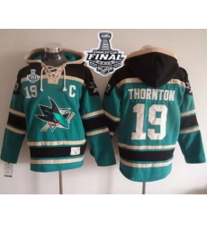Men San Jose Sharks 19 Joe Thornton Teal Sawyer Hooded Sweatshirt 2016 Stanley Cup Final Patch Stitched NHL Jersey