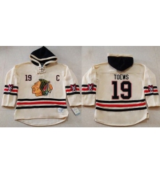 Men Chicago Blackhawks 19 Jonathan Toews Cream Heavyweight Pullover Hoodie Stitched NHL Jersey