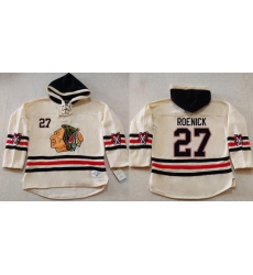 Men Chicago Blackhawks 27 Jeremy Roenick Cream Heavyweight Pullover Hoodie Stitched NHL Jersey