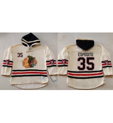 Men Chicago Blackhawks 35 Tony Esposito Cream Heavyweight Pullover Hoodie Stitched NHL Jersey