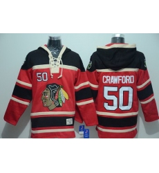 Men Chicago Blackhawks 50 Corey Crawford Red Sawyer Hooded Sweatshirt Stitched NHL Jersey