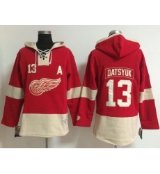 Detroit Red Wings 13 Pavel Datsyuk Red Women Old Time Lacer NHL Hoodie