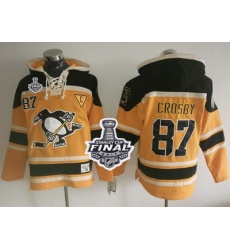 Men Pittsburgh Penguins 87 Sidney Crosby Gold Sawyer Hooded Sweatshirt 2017 Stanley Cup Final Patch Stitched NHL Jersey