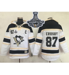 Men Pittsburgh Penguins 87 Sidney Crosby White Sawyer Hooded Sweatshirt 2017 Stanley Cup Finals Champions Stitched NHL Jersey