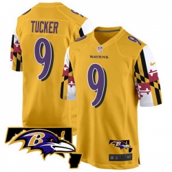 Men Baltimore Ravens 9 Justin Tucker Gold 2025 Maryland Flag Vapor Limited Football Game Jersey