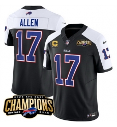 Men Buffalo Bills 17 Josh Allen Black White 2023 F U S E  AFC East Champions With 4 Star C Ptach Stitched Football Jersey
