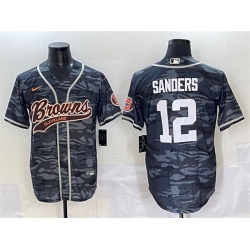 Men Cleveland Browns 12 Shedeur Sanders Grey Camo With Patch Cool Base Stitched Baseball Jersey
