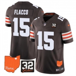Men Cleveland Browns 15 Joe Flacco Brown 2025 F U S E  With Jim Brown Memorial  26 Home Patch Vapor Limited Stitched Football Jersey