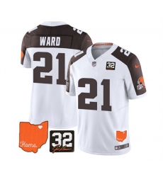 Men Cleveland Browns 21 Denzel Ward White Brown 2023 F U S E  With Jim Brown Memorial Patch Vapor Untouchable Limited Stitched Jersey