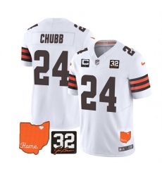 Men Cleveland Browns 24 Nick Chubb White 2023 F U S E  With Jim Brown Memorial Patch And 1 Star C Patch Vapor Untouchable Limited Stitched Jersey