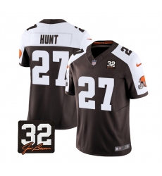 Men Cleveland Browns 27 Kareem Hunt Brown White 2023 F U S E  With Jim Brown Memorial Patch Vapor Untouchable Limited Stitched Jersey