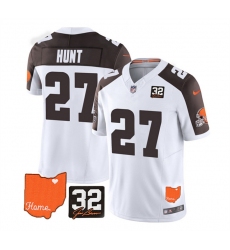 Men Cleveland Browns 27 Kareem Hunt White Brown 2023 F U S E  With Jim Brown Memorial Patch Vapor Untouchable Limited Stitched Jersey