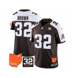 Men Cleveland Browns 32 Jim Brown Brown White 2023 F U S E  With Jim Brown Memorial Patch Vapor Untouchable Limited Stitched Jersey