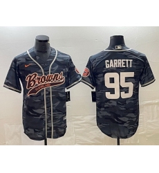 Men Cleveland Browns 95 Myles Garrett Grey Camo With Patch Cool Base Stitched Baseball Jersey