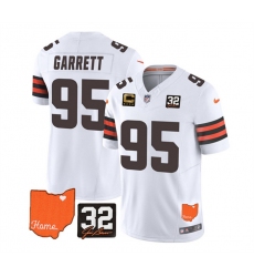Men Cleveland Browns 95 Myles Garrett White 2023 F U S E  With Jim Brown Memorial Patch And 4 Star C Patch Vapor Untouchable Limited Stitched Jersey
