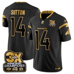 Men Denver Broncos 14 Courtland Sutton Black Gold F U S E  3 Time Champions Patch Vapor Limited Stitched Football Jersey