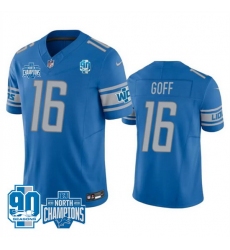 Men Detroit Lions 16 Jared Goff Blue 2023 F U S E  90th Anniversary NFC North Division Champions Vapor Untouchable Limited Stitched Jersey