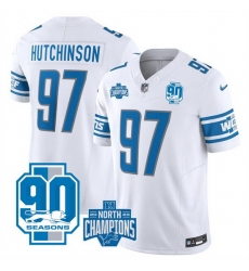 Men Detroit Lions 97 Aidan Hutchinson White 2023 F U S E  90th Anniversary NFC North Division Champions Vapor Untouchable Limited Stitched Jersey