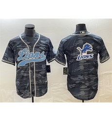 Men Detroit Lions Grey Camo Team Big Logo Cool Base Stitched Baseball Jersey