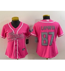 Women Detroit Lions 87 Sam LaPorta Pink With Patch Cool Base Stitched Baseball Jersey 