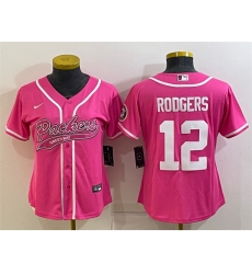 Women Green Bay Packers 12 Aaron Rodgers Pink With Patch Cool Base Stitched Baseball Jersey