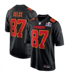 Men Kansas City Chiefs 87 Travis Kelce Black 2024 Super Bowl LVIII Patch Limited Stitched Game Jersey