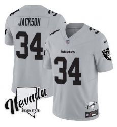 Men Las Vegas Raiders 34 Bo Jackson Grey F U S E With Nevada Silver Stat Patch Vapor Stitched Football Jersey