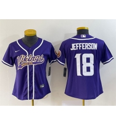Women Minnesota Vikings 18 Justin Jefferson Purple With Patch Cool Base Stitched Baseball Jersey  Run Small
