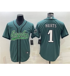 Men Philadelphia Eagles 1 Jalen Hurts Green With Patch Cool Base Stitched Baseball Jersey