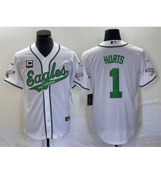 Men Philadelphia Eagles 1 Jalen Hurts White With C Patch Cool Base Stitched Baseball Jersey