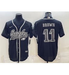 Men Philadelphia Eagles 11 A  J  Brown Black Reflective With Patch Cool Base Stitched Baseball Jersey