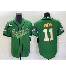 Men Philadelphia Eagles 11 A  J  Brown Green Gold With C Patch Cool Base Stitched Baseball Jersey