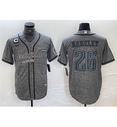 Men Philadelphia Eagles 26 Saquon Barkley Gray With 3 star C Patch Cool Base Baseball Stitched Jersey