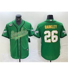 Men Philadelphia Eagles 26 Saquon Barkley Green Gold With 3 star C Patch Cool Base Baseball Stitched Jersey