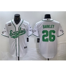 Men Philadelphia Eagles 26 Saquon Barkley White With 3 star C Patch Cool Base Baseball Stitched Jerseys