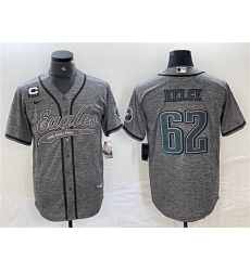 Men Philadelphia Eagles 62 Jason Kelce Gray With 3 star C Patch Cool Base Baseball Stitched Jersey