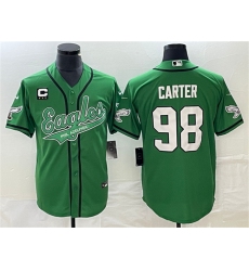 Men Philadelphia Eagles 98 Jalen Carter Green With C Patch Cool Base Stitched Baseball Jersey