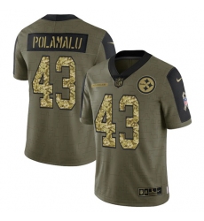 Men Pittsburgh Steelers 43 Troy Polamalu 2021 Salute To Service Olive Camo Limited Stitched Jersey