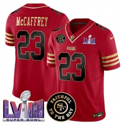 Men San Francisco 49ers 23 Christian Mccaffrey Red 2025 F U S E  Faithful  26 Super Bowl LVIII Patch Vapor Limited Stitched Football Jersey