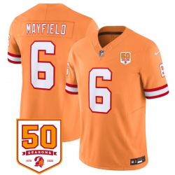 Men Tampa Bay Buccaneers 6 Baker Mayfield Orange 2025 F U S E  50th Anniversary Patch Vapor Limited Stitched Jersey