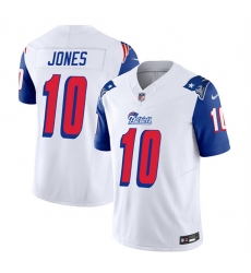 Men New England Patriots 10 Mac Jones White Blue 2023 F U S E  Throwback Limited Stitched Football Jersey
