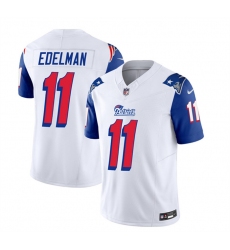 Men New England Patriots 11 Julian Edelman White Blue 2023 F U S E  Throwback Limited Stitched Football Jersey