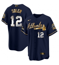 Men Atlanta Braves 12 Jorge Soler 2021 Navy Gold World Series Champions With 150th Anniversary Patch Cool Base Stitched Jersey