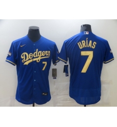 Men Dodgers 7 Julio Urias Royal Gold Champion Nike Flexbase Jersey