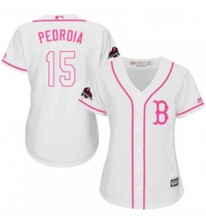 Womens Majestic Boston Red Sox 15 Dustin Pedroia Authentic White Fashion 2018 World Series Champions MLB Jersey