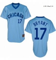Mens Majestic Chicago Cubs 17 Kris Bryant Replica BlueWhite Strip Cooperstown Throwback MLB Jersey