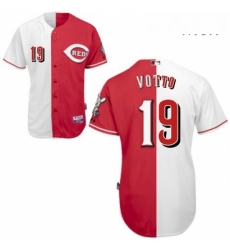 Mens Majestic Cincinnati Reds 19 Joey Votto Replica RedWhite Split Fashion MLB Jersey