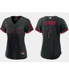 Women Cincinnati Reds 7 Spencer Steer Black 2023 City Connect Stitched Baseball Jersey  Run Small